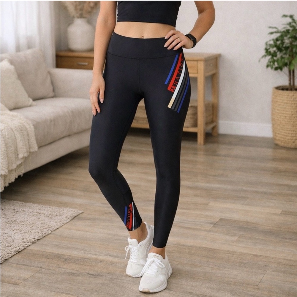 P.E Nation High Rise Athletic Leggings Black Red Blue Stripe L